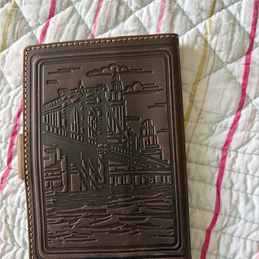 Embossed Brown Leather passport cover  with City Bridge Design